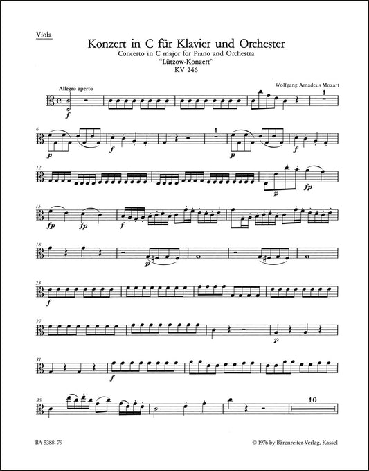 モーツァルト：ピアノ協奏曲 第8番 ハ長調 K. 246「リュッツォウ」（ヴィオラパート譜）（2冊セット）