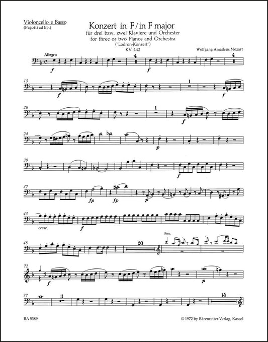 モーツァルト：3台または2台のピアノと管弦楽のための協奏曲第7番ヘ長調 K. 242「ロドロン協奏曲」（チェロパート譜）（4冊セット）