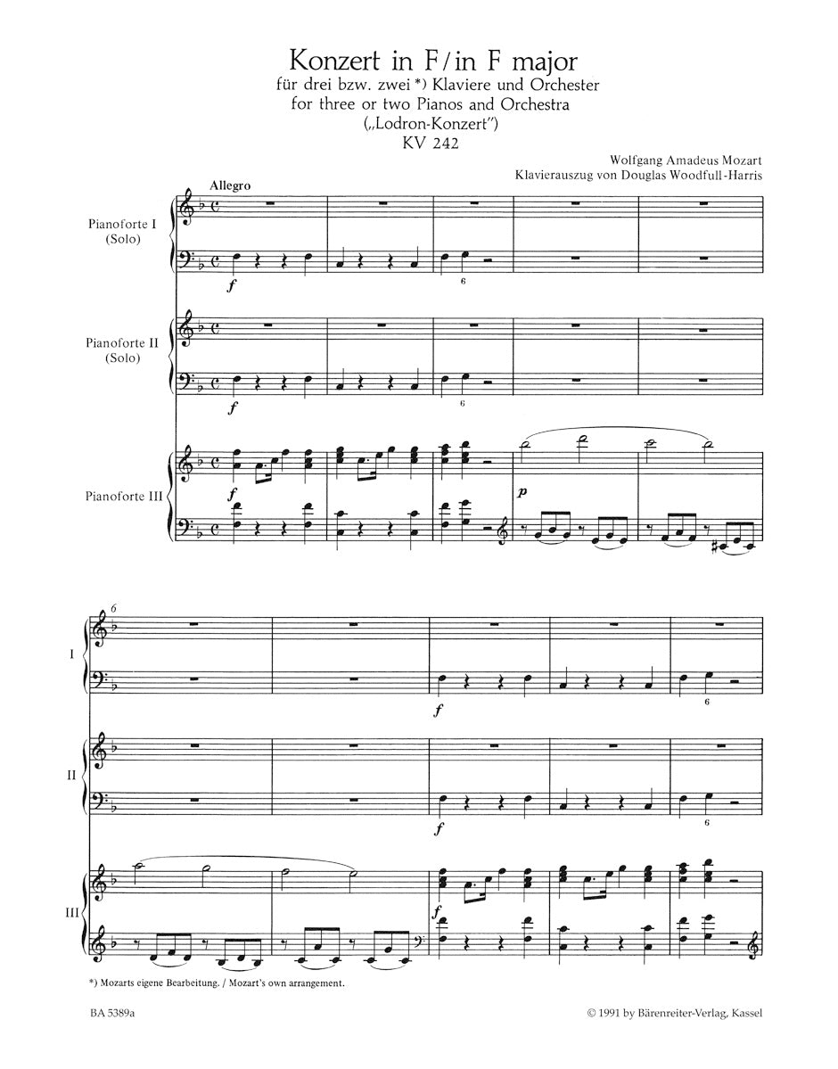 スコア／モーツァルト：3台または2台のピアノと管弦楽のための協奏曲第7番 ヘ長調 K. 242「ロドロン協奏曲」