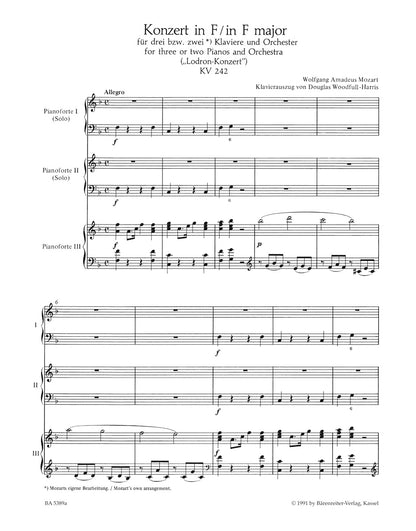 スコア／モーツァルト：3台または2台のピアノと管弦楽のための協奏曲第7番 ヘ長調 K. 242「ロドロン協奏曲」