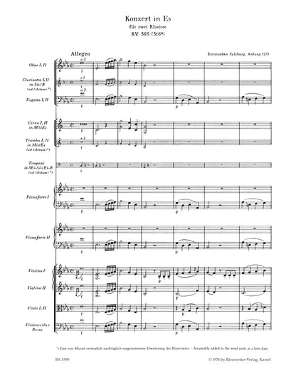 ピアノ／モーツァルト：2台のピアノと管弦楽のための協奏曲第10番 変ホ長調 K. 365 (316a)