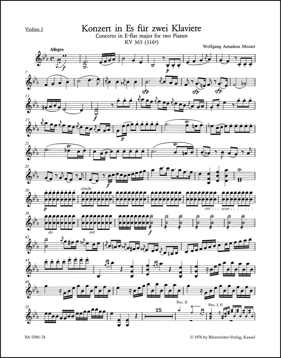 モーツァルト：2台のピアノと管弦楽のための協奏曲第10番 変ホ長調 K. 365 (316a)（ヴァイオリンパート譜）（4冊セット）