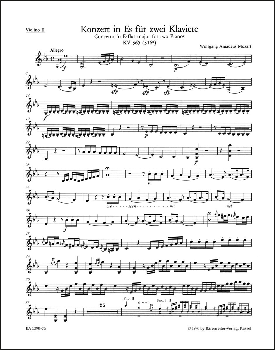 モーツァルト：2台のピアノと管弦楽のための協奏曲 第10番 変ホ長調 K. 365 (316a)（ヴァイオリンパート譜）（4冊セット）