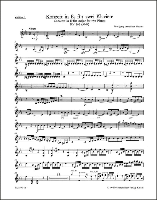 モーツァルト：2台のピアノと管弦楽のための協奏曲 第10番 変ホ長調 K. 365 (316a)（ヴァイオリンパート譜）（4冊セット）