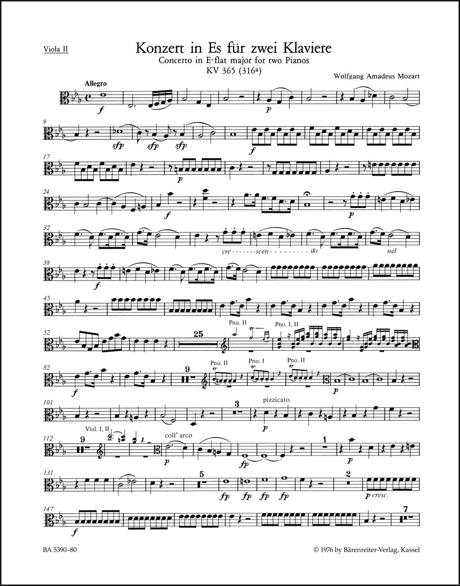 モーツァルト：2台のピアノと管弦楽のための協奏曲第10番 変ホ長調 K. 365 (316a)（ヴィオラパート譜）