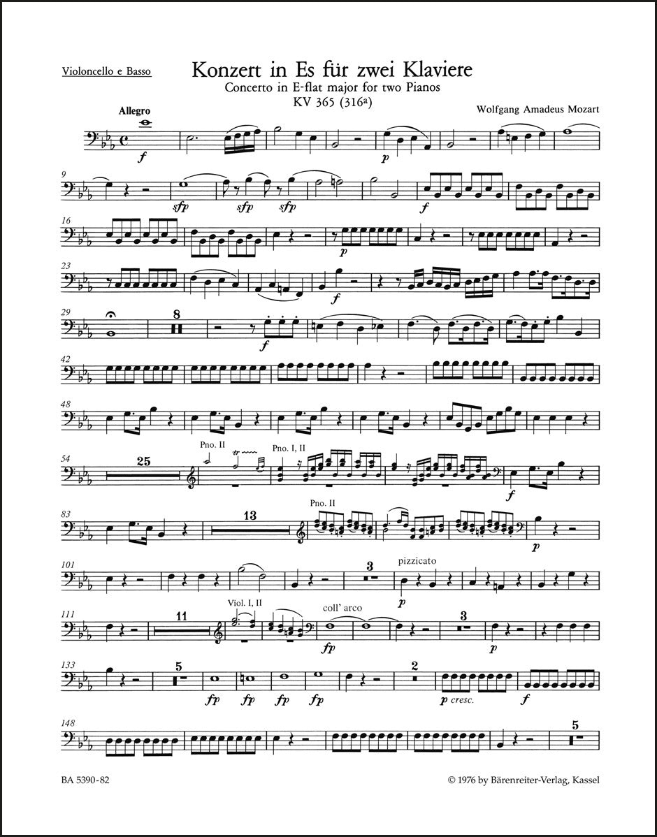モーツァルト：2台のピアノと管弦楽のための協奏曲 第10番 変ホ長調 K. 365 (316a)（チェロパート譜）（4冊セット）