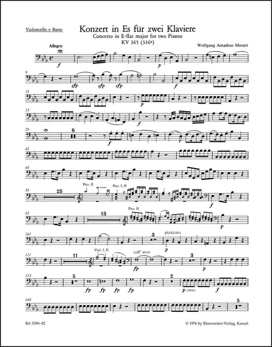 モーツァルト：2台のピアノと管弦楽のための協奏曲 第10番 変ホ長調 K. 365 (316a)（チェロパート譜）（4冊セット）