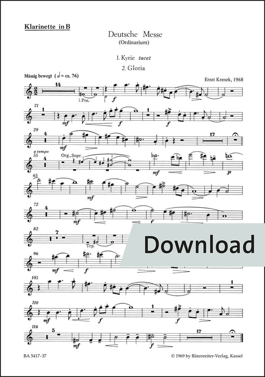 クシェネク：ドイツ語ミサ曲(合唱、会衆、器楽のための)(1968) – クラリネット パート譜【デジタル版】