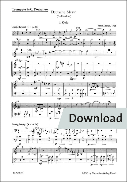 クシェネク：ドイツ語ミサ曲(合唱、会衆、器楽のための)(1968) – トランペット、トロンボーン1・2 パート譜【デジタル版】