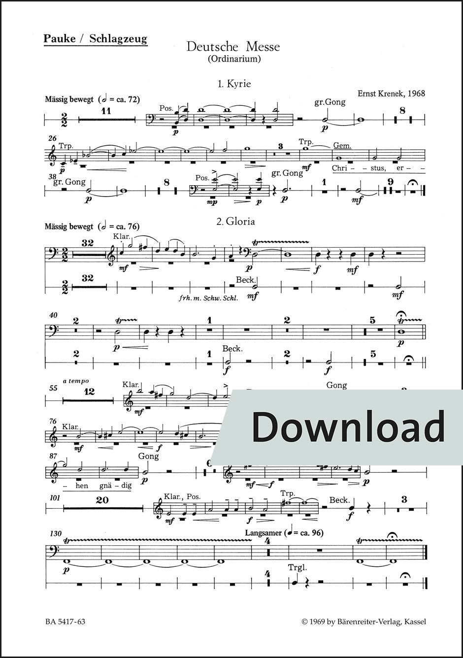 クシェネク：ドイツ語ミサ曲(合唱、会衆、器楽のための)(1968) – ティンパニ・打楽器 パート譜【デジタル版】