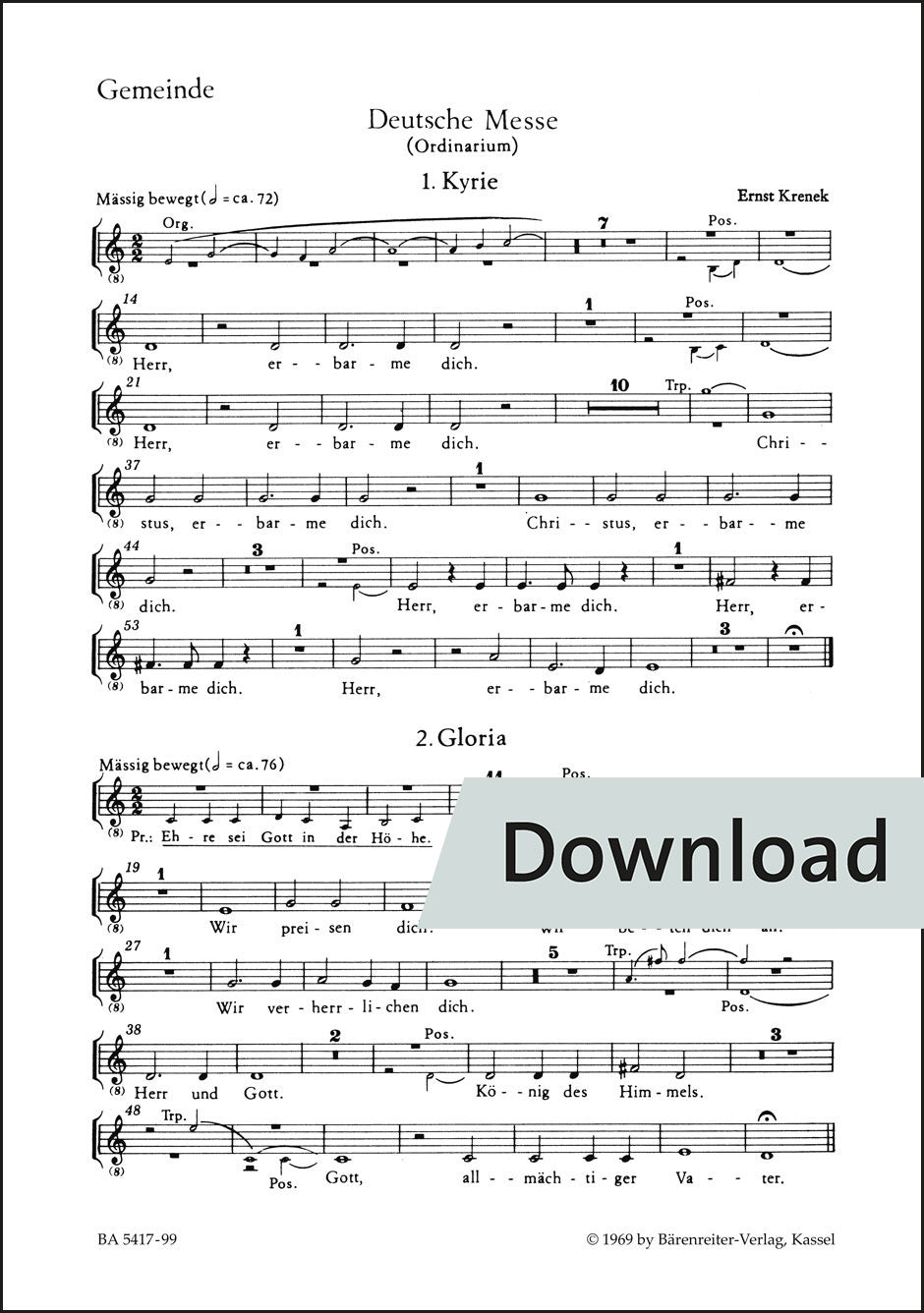 クシェネク：ドイツ語ミサ曲(合唱、会衆、器楽のための)(1968) – 会衆(合唱)パート譜【デジタル版】