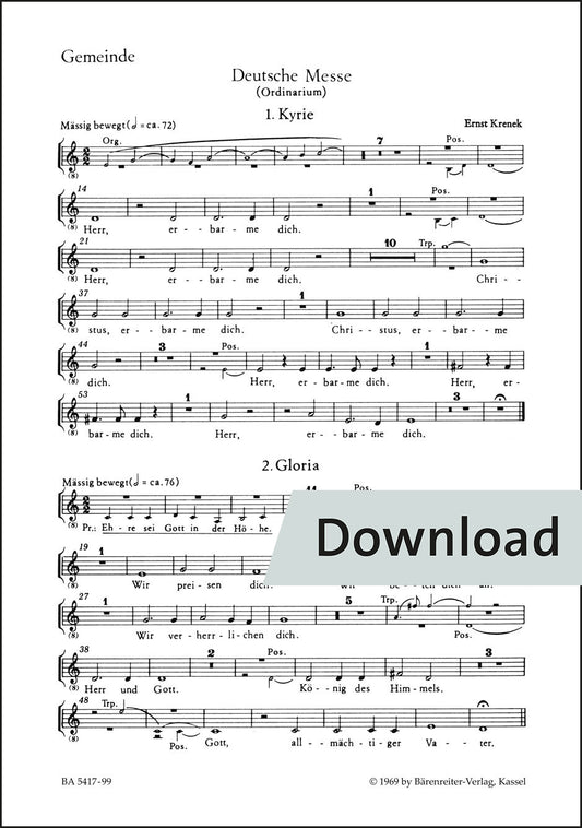 クシェネク：ドイツ語ミサ曲(合唱、会衆、器楽のための)(1968) – 会衆(合唱)パート譜【デジタル版】