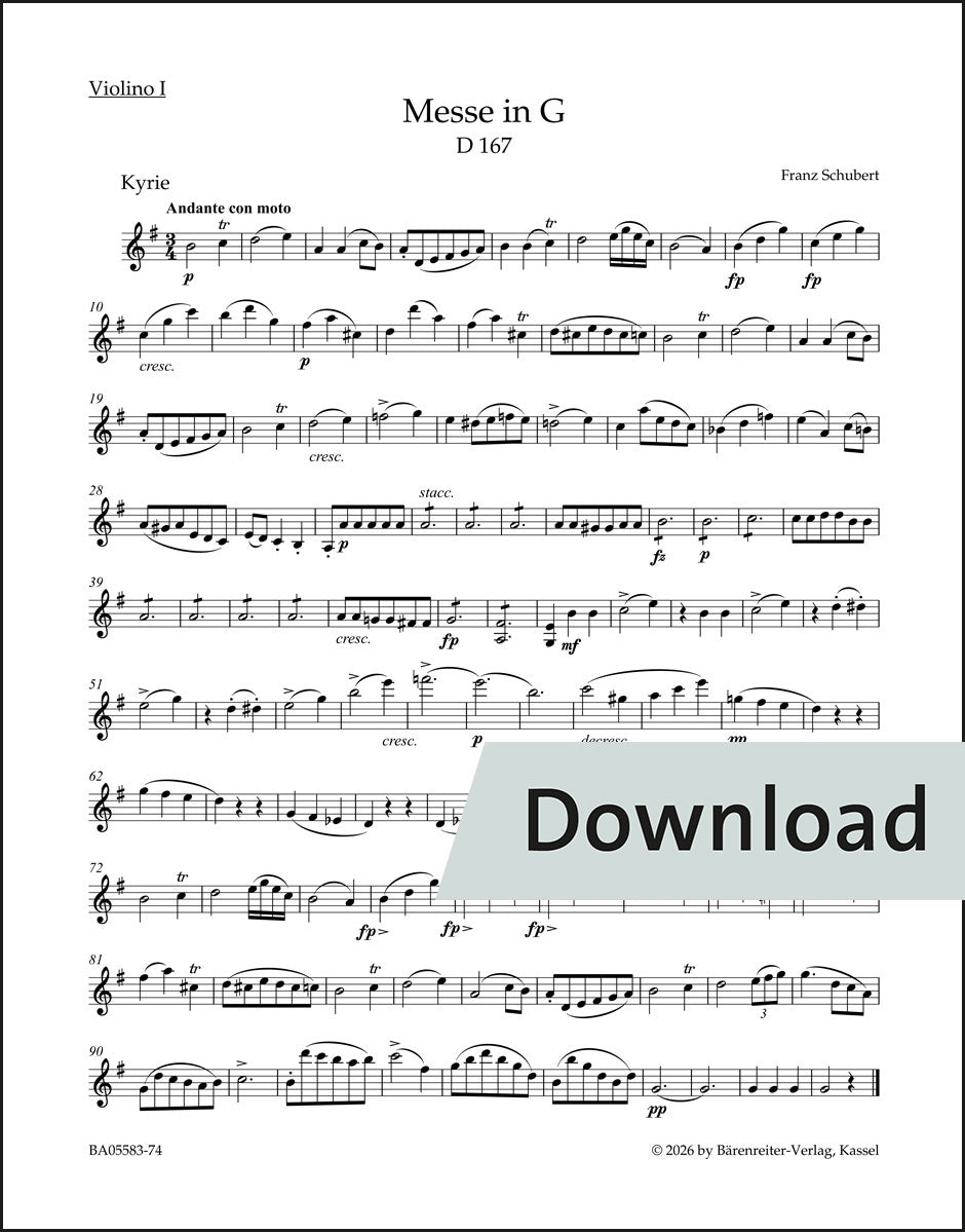 シューベルト：ミサ曲 ト長調 D 167（ヴァイオリンパート譜）（4冊セット）【デジタル版】