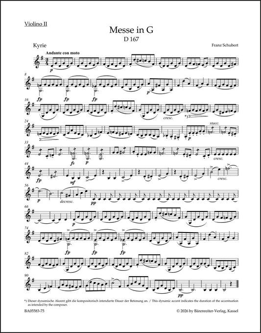 シューベルト：ミサ曲 ト長調 D 167（第2ヴァイオリンパート譜）（4冊セット）