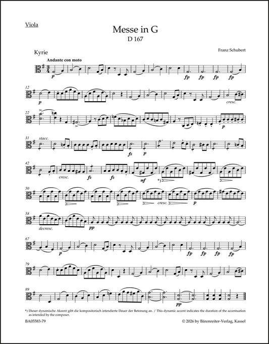 シューベルト：ミサ曲 ト長調 D 167（ヴィオラパート譜）（3冊セット）