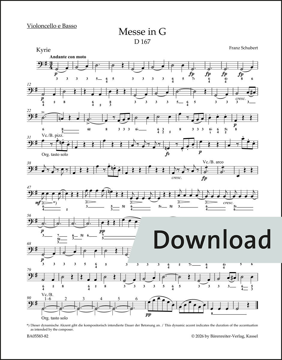 シューベルト：ミサ曲 ト長調 D 167（チェロパート譜）（4冊セット）【デジタル版】