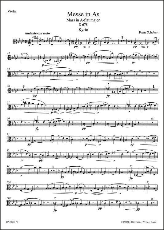 シューベルト：ミサ曲 変イ長調 D 678（ヴィオラパート譜）（3冊セット）