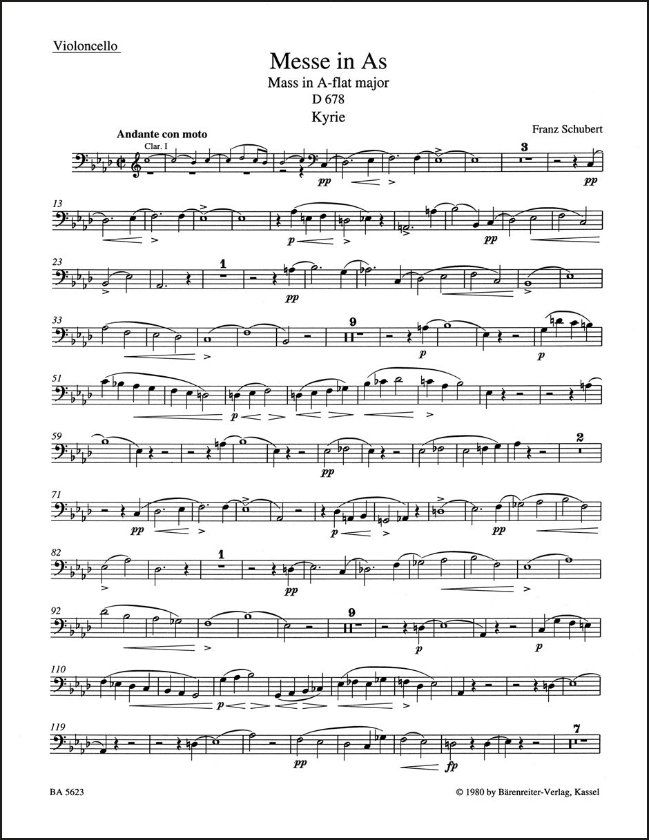 シューベルト：変イ長調ミサ曲 D 678（チェロパート譜）（2冊セット）