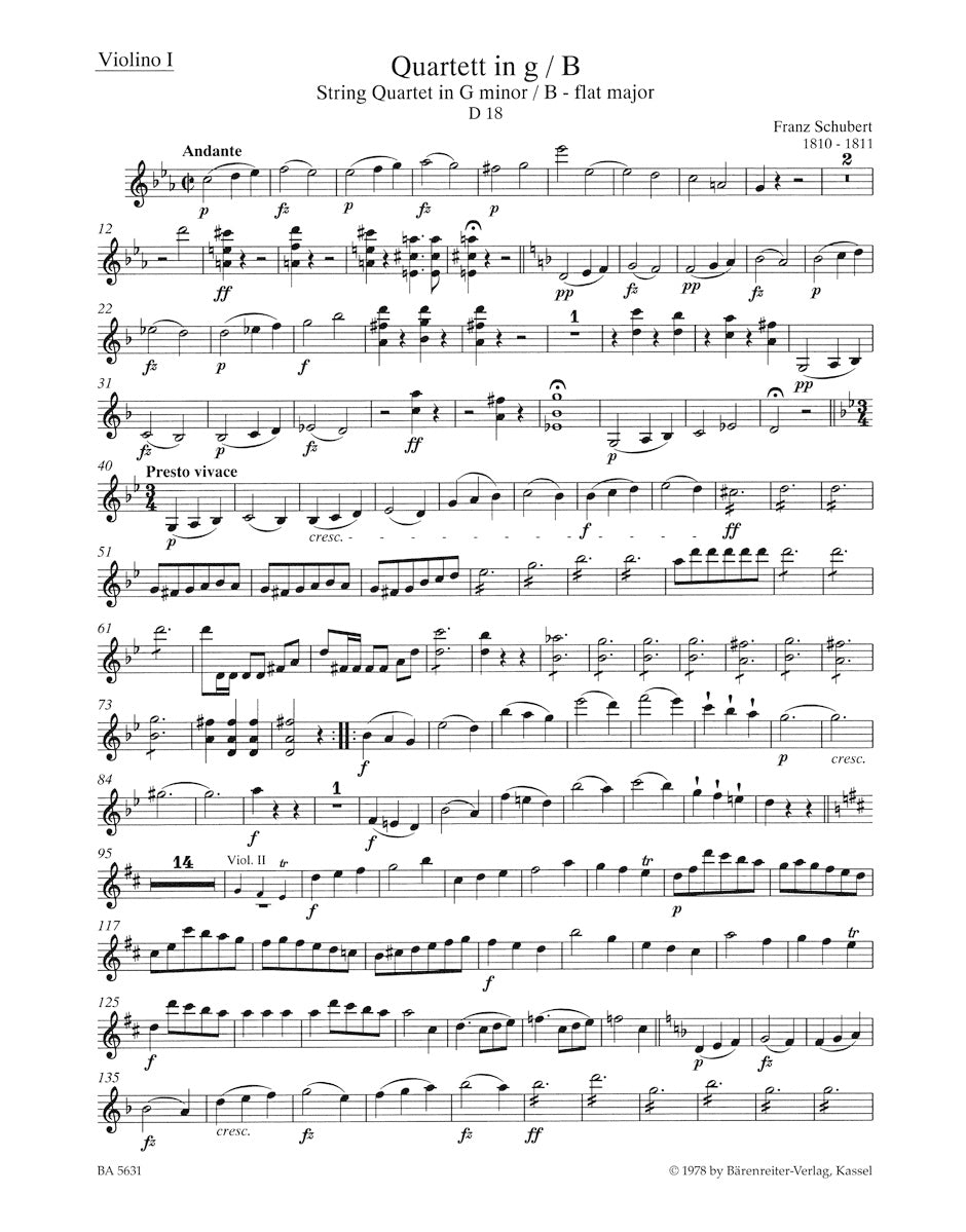 シューベルト：弦楽四重奏曲集 II D 18, 32, 36, 68（ヴァイオリンパート譜）