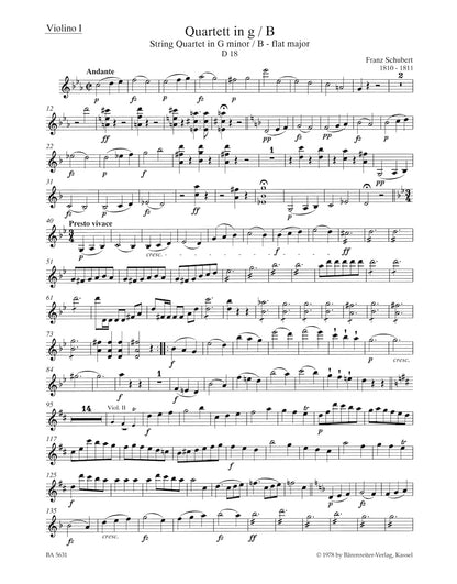 シューベルト：弦楽四重奏曲集 II D 18, 32, 36, 68（ヴァイオリンパート譜）
