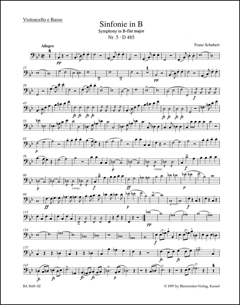 シューベルト：交響曲 第5番 変ロ長調 D 485（チェロパート譜）（4冊セット）
