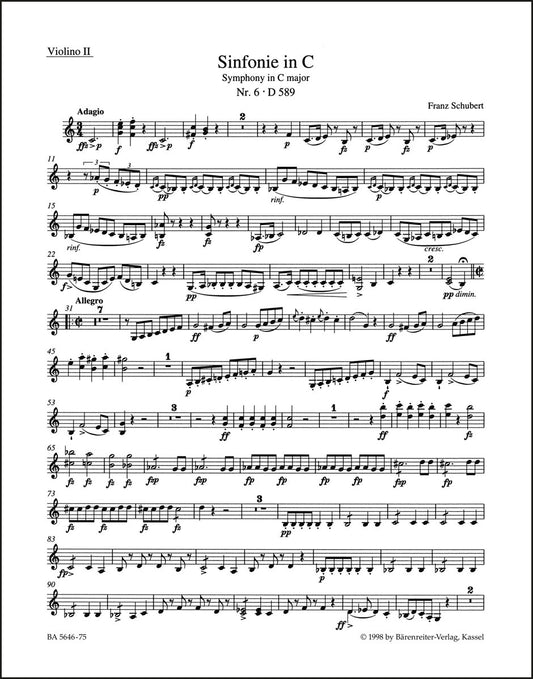 シューベルト：交響曲第6番 ハ長調 D 589（パート譜／第2ヴァイオリン）（ヴァイオリンパート譜）（4冊セット）