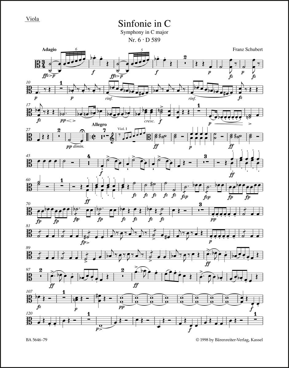 シューベルト：交響曲第6番 ハ長調 D 589（ヴィオラ・パート譜）（ヴィオラパート譜）（3冊セット）