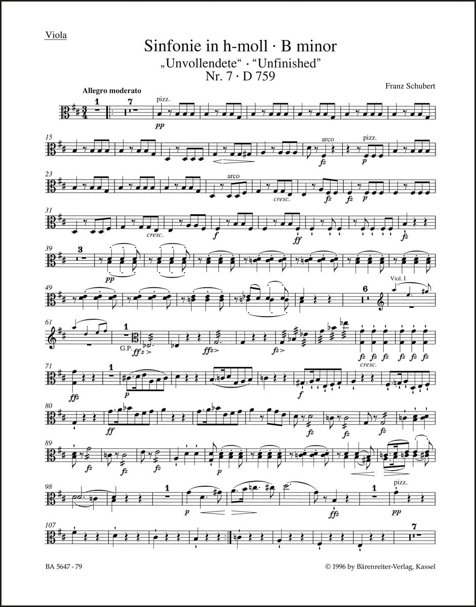 シューベルト：交響曲第7番 ロ短調 D 759「未完成」（ヴィオラパート譜）（ヴィオラパート譜）（3冊セット）