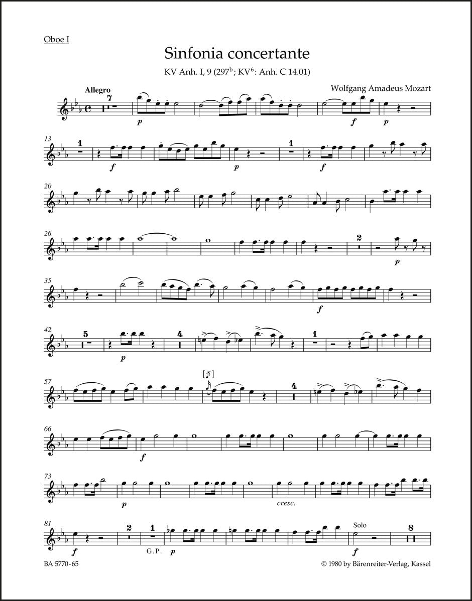 モーツァルト：協奏交響曲 変ホ長調 K. Anh. I,9 (297b) （オーボエ、クラリネット、ホルン、ファゴットと管弦楽のための）