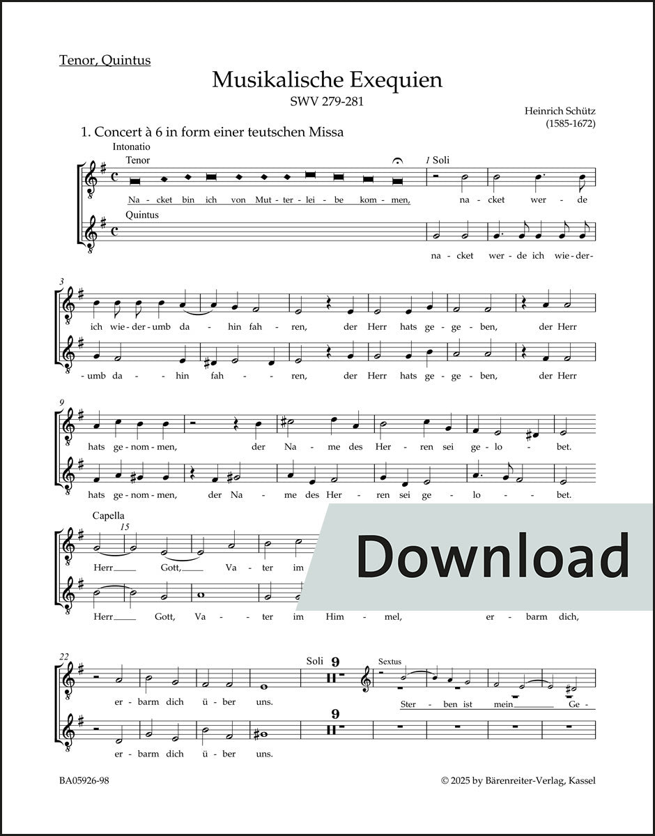 シュッツ：音楽による葬送礼拝 SWV 279-281（テノールパート譜）【デジタル版】