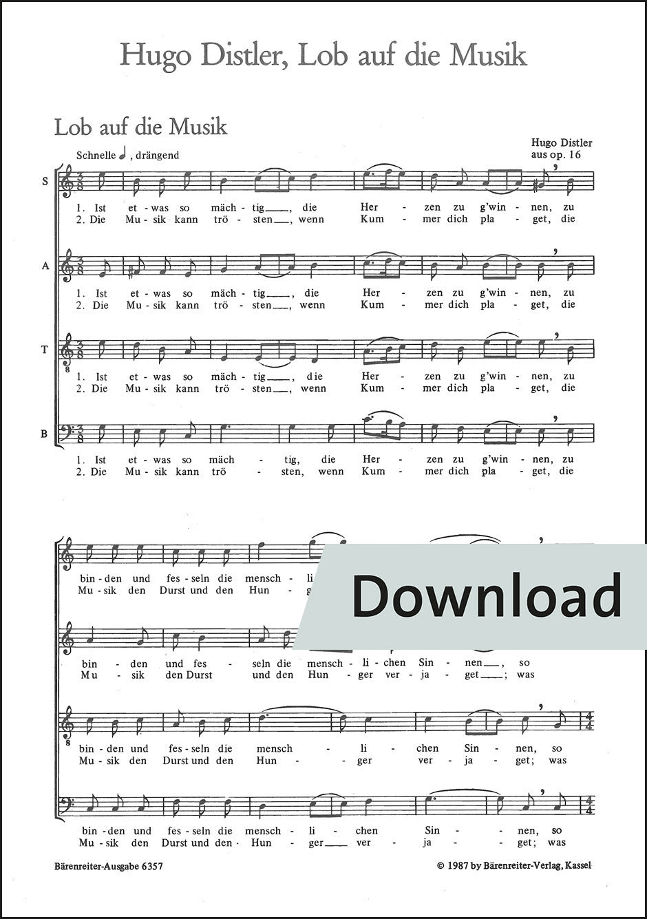 ディストラー：音楽への讃美(4〜6声合唱のための) op.16(1936)【デジタル版】