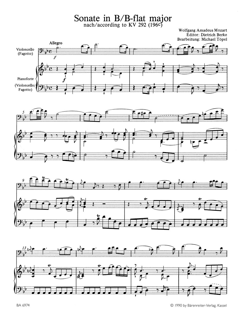 アンサンブル三重奏／モーツァルト：チェロ（ファゴット）とピアノのためのソナタ K. 292（196c）変ロ長調