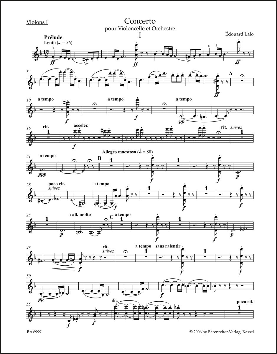 ラロ：チェロと管弦楽のための協奏曲 ニ短調（ヴァイオリンパート譜）（4冊セット）
