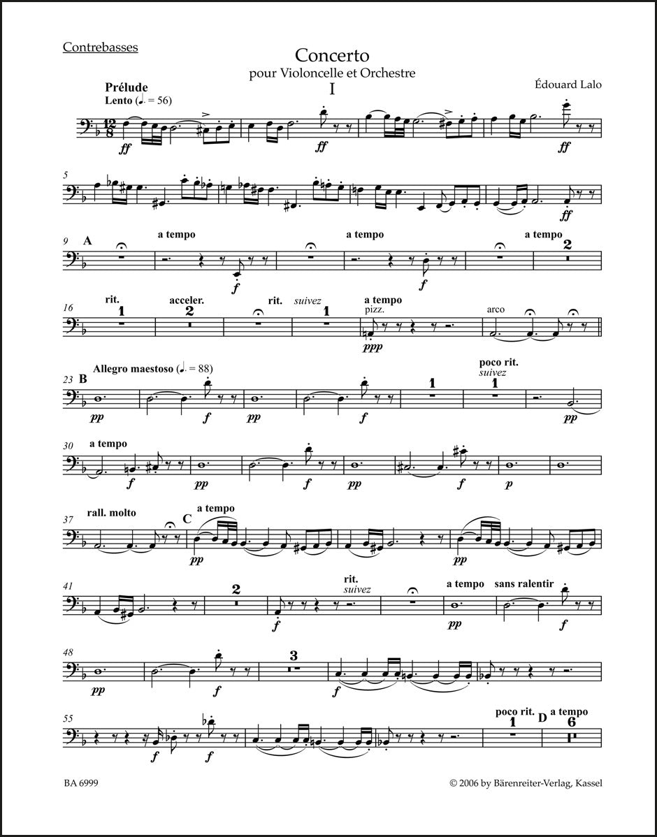 ラロ：チェロと管弦楽のための協奏曲 ニ短調（コントラバスパート譜）（2冊セット）