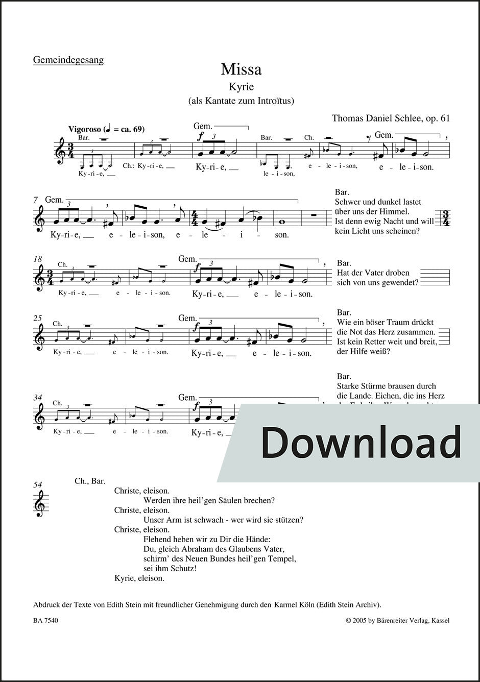 トーマス・ダニエル・シュレー：ミサ曲 op.61(2004/2005) – 会衆・バリトン独唱 パート譜【デジタル版】