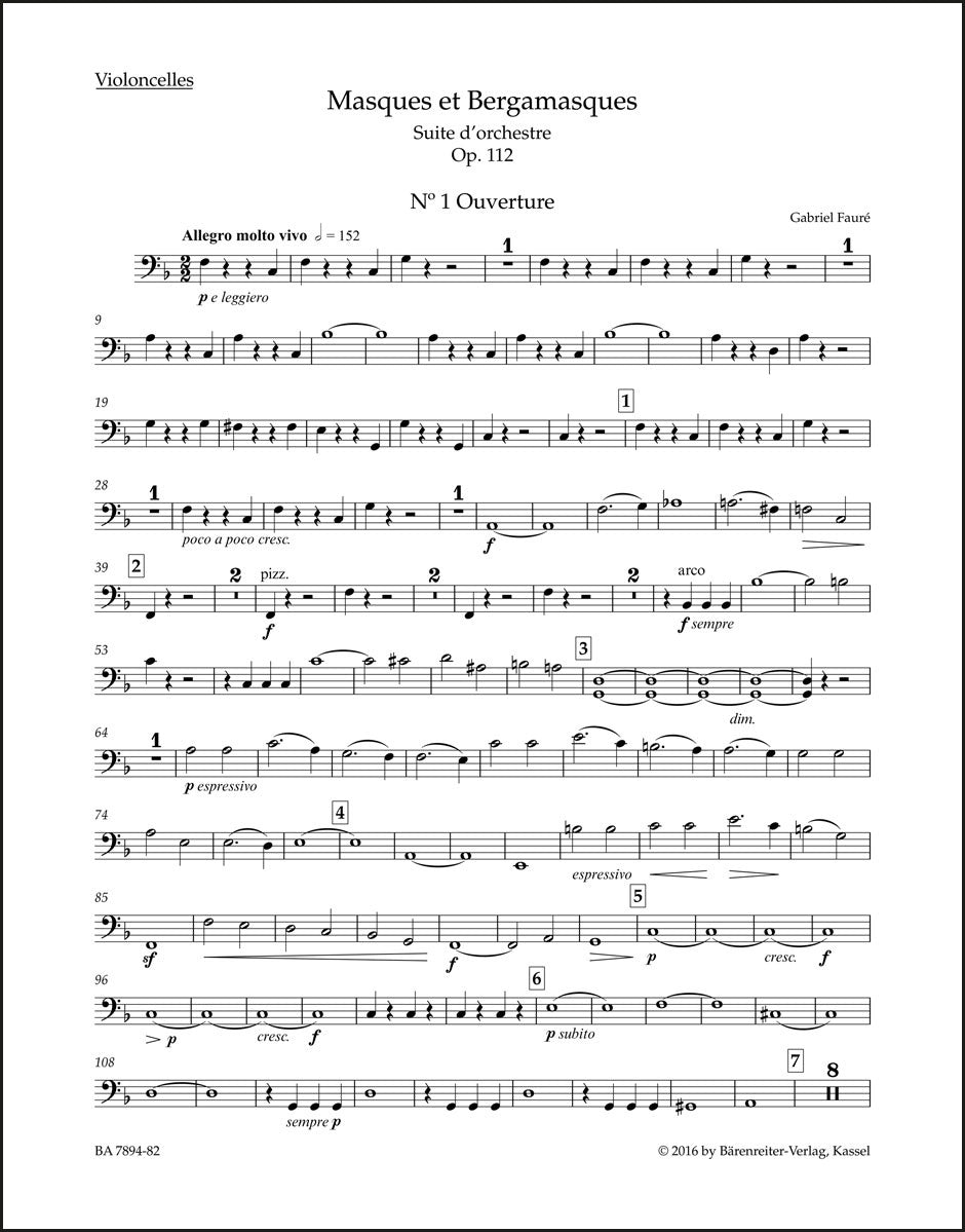 フォーレ：仮面とベルガマスク 作品112 組曲（チェロパート譜）（2冊セット）