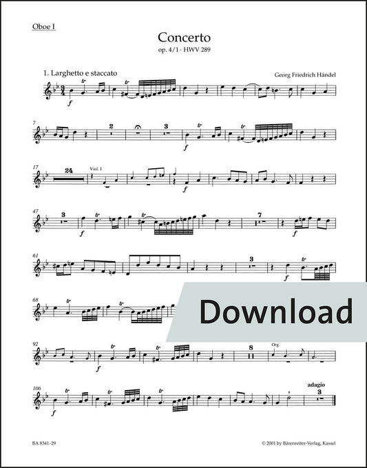 ヘンデル：オルガン協奏曲 ト短調 op.4-1 HWV289(原典版) – 第1オーボエ パート譜【デジタル版】