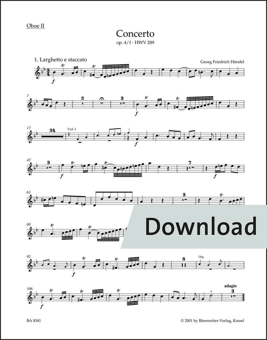 ヘンデル：オルガン協奏曲 ト短調 op.4-1 HWV289(原典版) – 第2オーボエ パート譜【デジタル版】