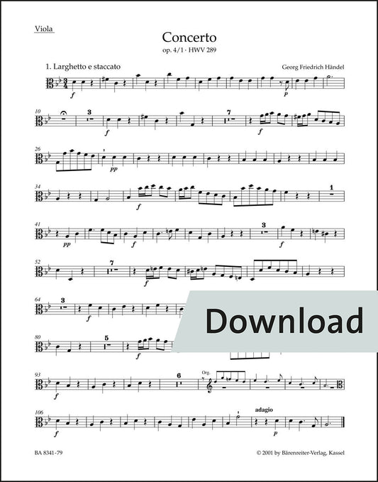 ヘンデル：オルガン協奏曲 ト短調 op.4-1 HWV289(原典版) – ヴィオラ パート譜【デジタル版】