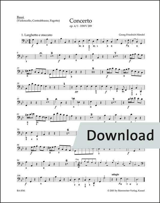 ヘンデル：オルガン協奏曲 ト短調 op.4-1 HWV289(原典版) – チェロ・コントラバス・ファゴット パート譜【デジタル版】