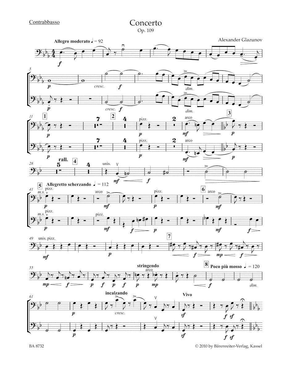 グラズノフ：アルト・サクソフォンと弦楽オーケストラのための協奏曲 変ホ長調 作品109（コントラバスパート譜）