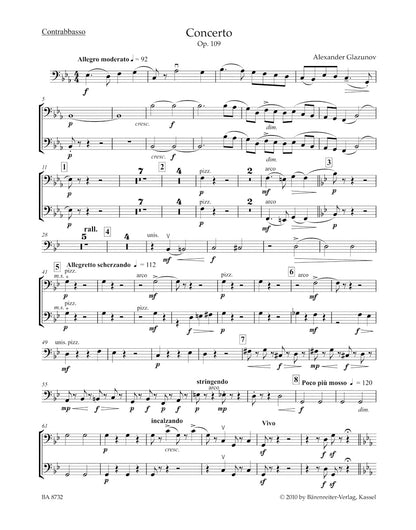 グラズノフ：アルト・サクソフォンと弦楽オーケストラのための協奏曲 変ホ長調 作品109（コントラバスパート譜）