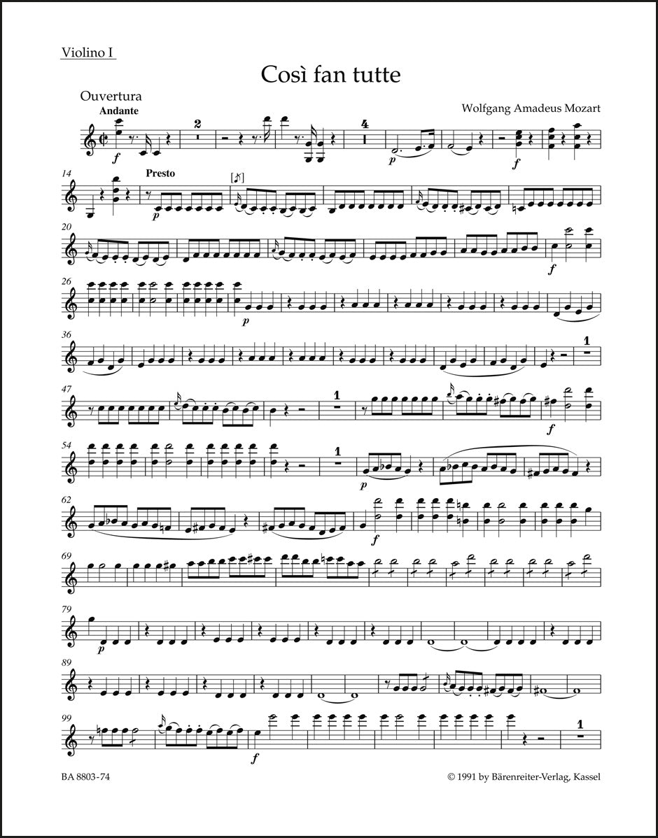 モーツァルト：歌劇「コシ・ファン・トゥッテ」KV 588 序曲 第1ヴァイオリン パート譜（ヴァイオリンパート譜）（4冊セット）