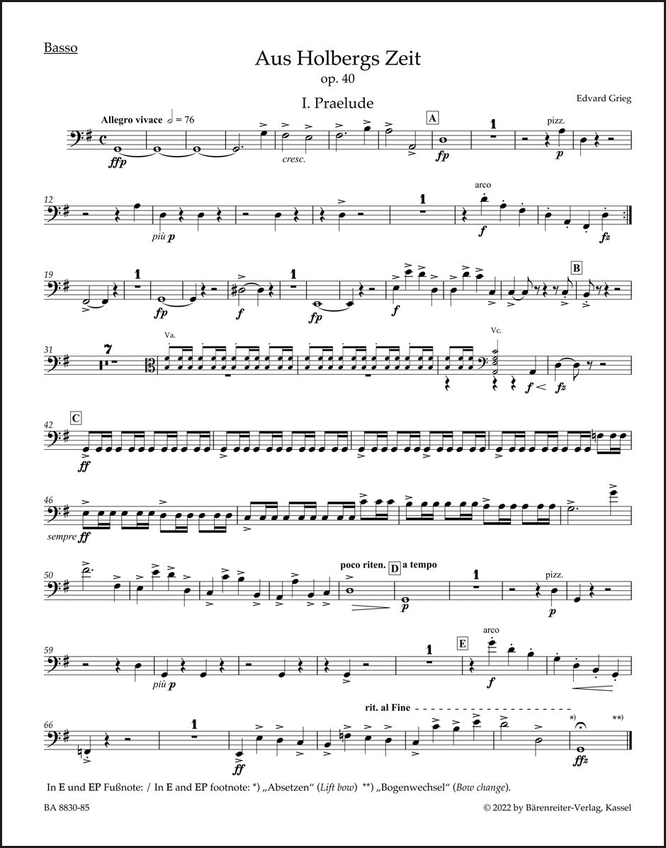グリーグ：ホルベルク組曲 op. 40（コントラバスパート譜）（2冊セット）