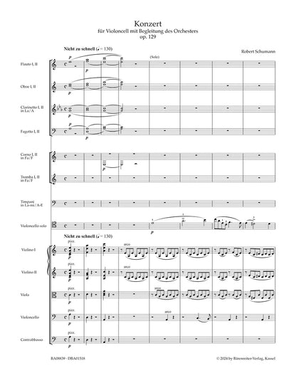 スコア／シューマン：チェロと管弦楽のための協奏曲 イ短調 op. 129