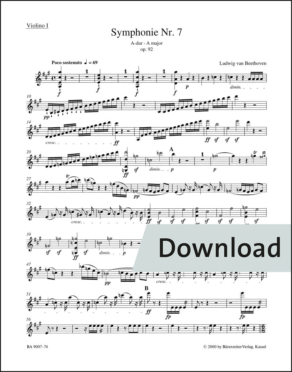 ベートーヴェン：交響曲第7番 イ長調 作品92（ヴァイオリンパート譜）（4冊セット）【デジタル版】