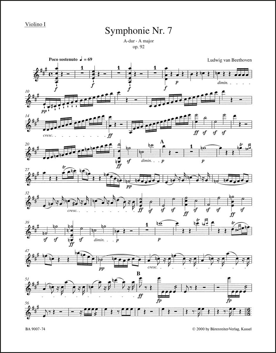 ベートーヴェン：交響曲第7番 イ長調 作品92（ヴァイオリンパート譜）（4冊セット）