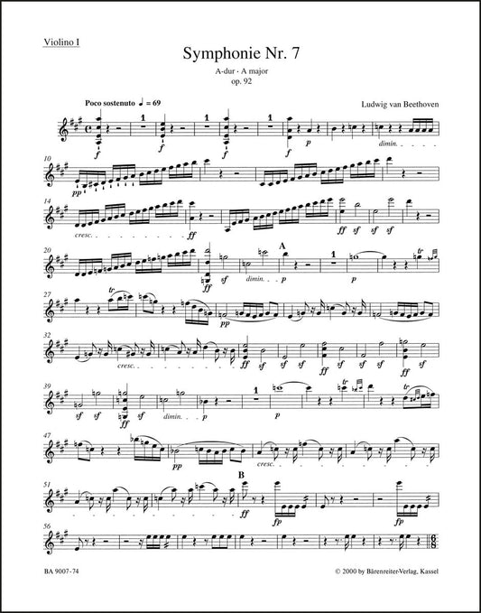 ベートーヴェン：交響曲第7番 イ長調 作品92（ヴァイオリンパート譜）（4冊セット）