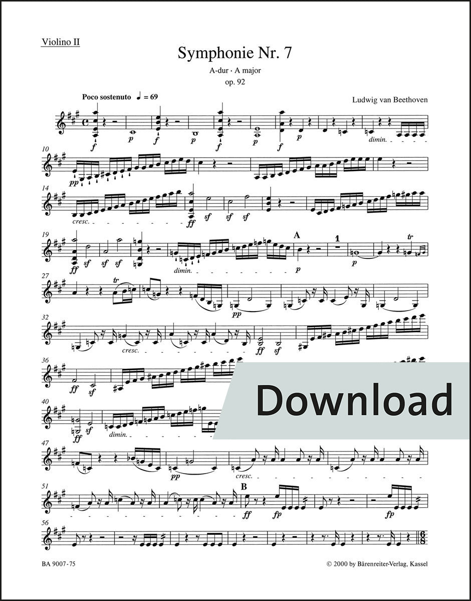 ベートーヴェン：交響曲第7番 イ長調 作品92（ヴァイオリンパート譜）（4冊セット）【デジタル版】