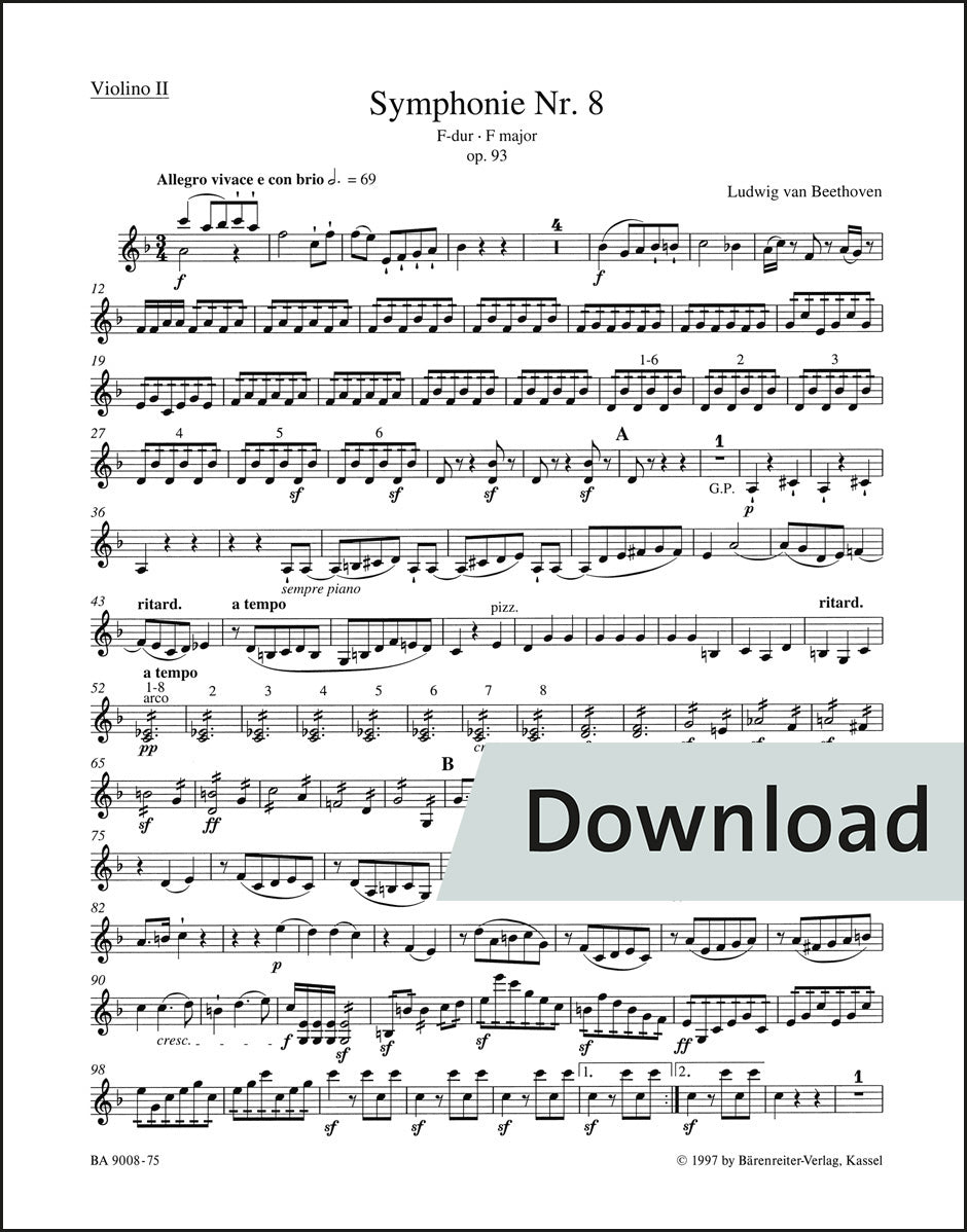 ベートーヴェン：交響曲第8番 ヘ長調 作品93（ヴァイオリンパート譜）（4冊セット）【デジタル版】